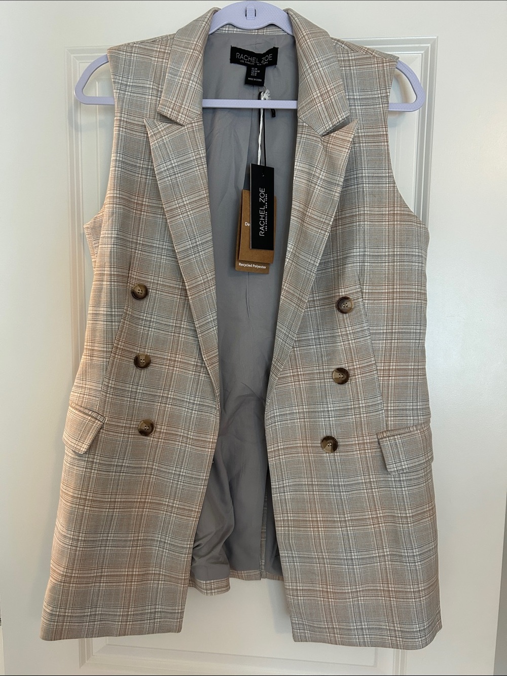 Rachel Zoe Plaid Double-Breasted Sleeveless Blazer Vest in Beige and Gray